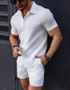 Leisure Breathable Beach Two Piece Suits Mens Summer Casual Short Sleeve Shirt And Shorts Men Outfits Vintage Textured Solid Set