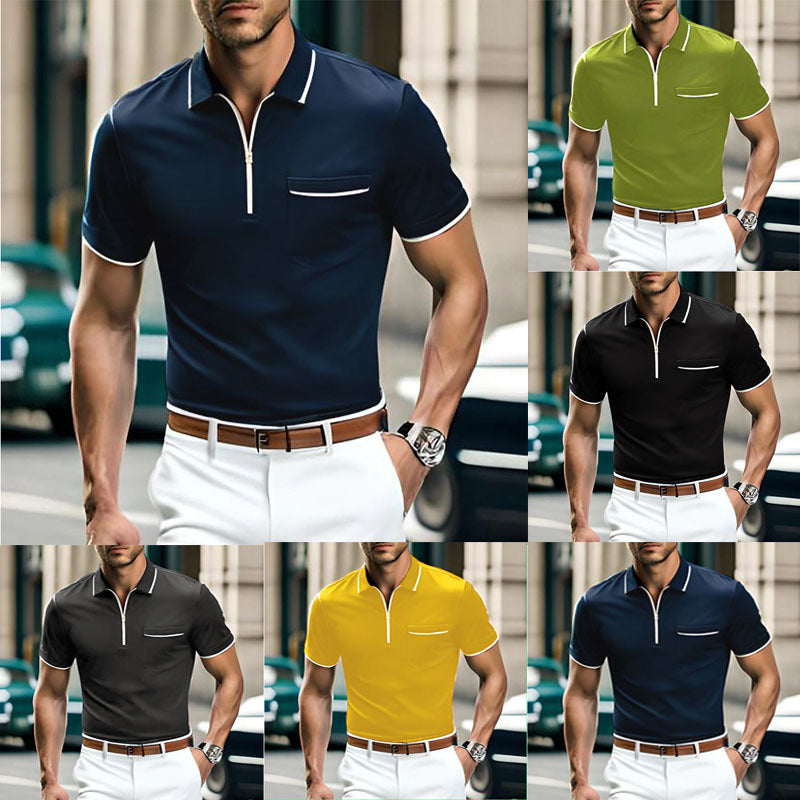 Summer New Men's Zipper Loose Casual Pocket Men's Sports Polo Shirt