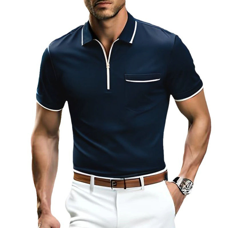 Summer New Men's Zipper Loose Casual Pocket Men's Sports Polo Shirt