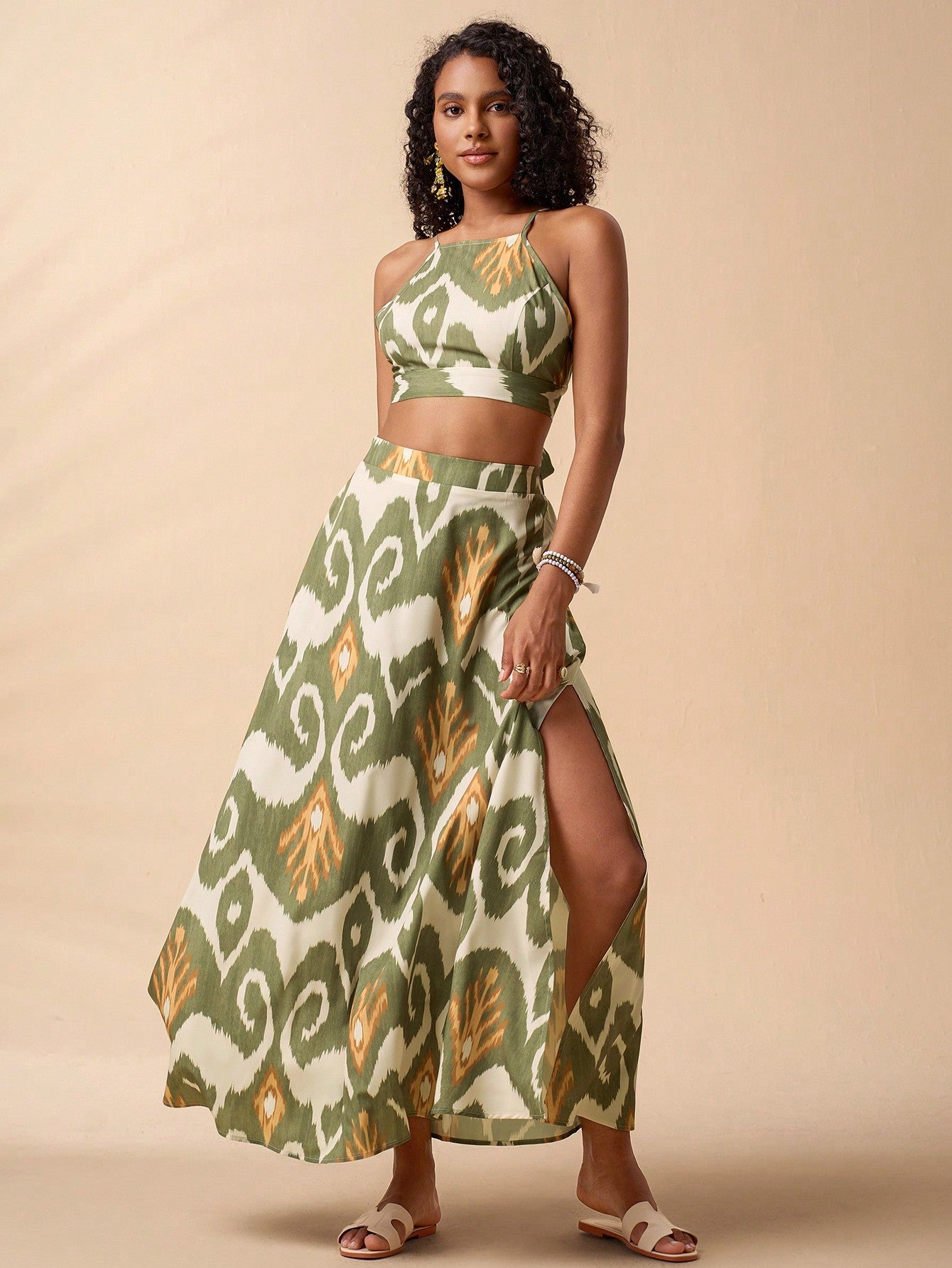 Tropical Print Tie Backless Cami Top & Split Thigh Skirt Two Piece Set