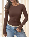Women Plain Crew Neck Long Sleeve Ruched Fitted Slim Fit T-Shirt