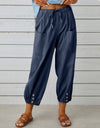 Loose High Waist Button Cotton And Linen Trousers Cropped Pants Wide Leg Women's Pants