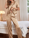 Women's Satin Silky Pajamas Short-sleeved Shirt Long Pajama Pants Suit