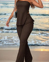 Summer Ladies' Solid Color Vacation Style Tube Top High-Slit And Flare Pants Two-Piece Set