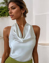 Women Solid Color Swing Collar Sleeveless Vest Trendy Elegant Shirt With Halter Neckline Backless Short Sleeve Tops Tshirts