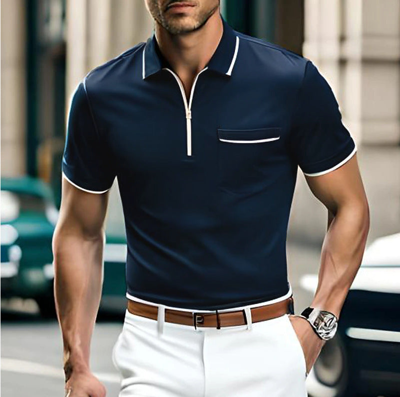Summer New Men's Zipper Loose Casual Pocket Men's Sports Polo Shirt