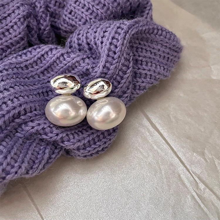 S925 Sterling Silver Oval Sliver Beads Artificial Pearl Earrings Women