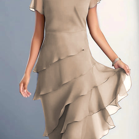 Chiffon Patchwork Round Neck Short Sleeve Dress Women