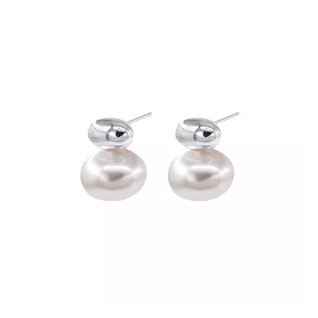 S925 Sterling Silver Oval Sliver Beads Artificial Pearl Earrings Women