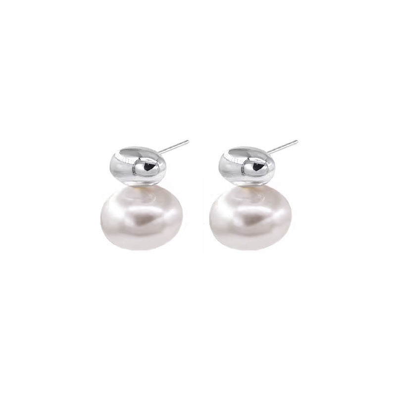 S925 Sterling Silver Oval Sliver Beads Artificial Pearl Earrings Women