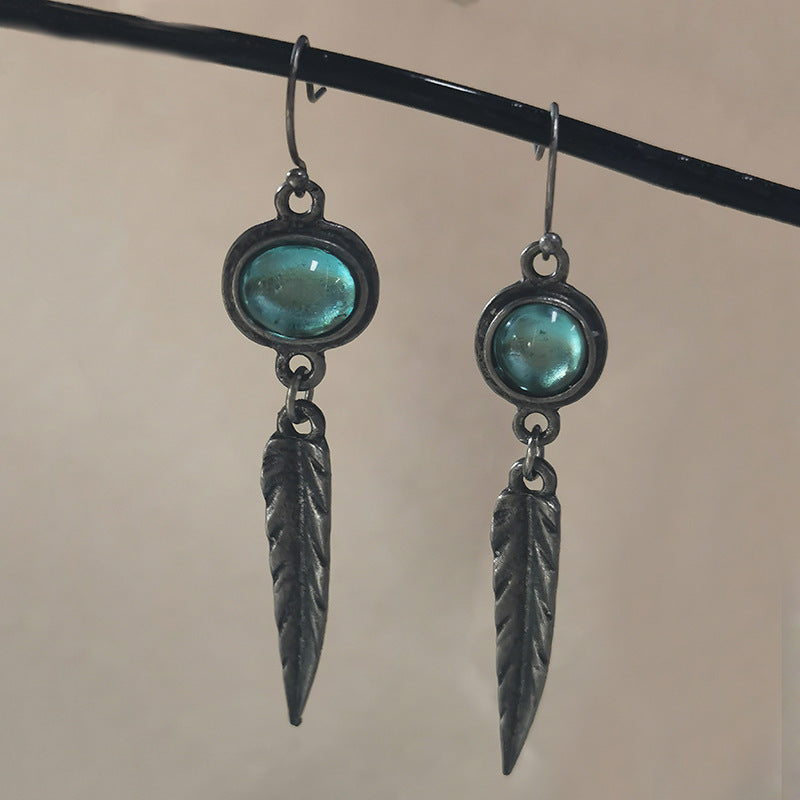 Fashion Simple Opal Feather Pendant Earrings