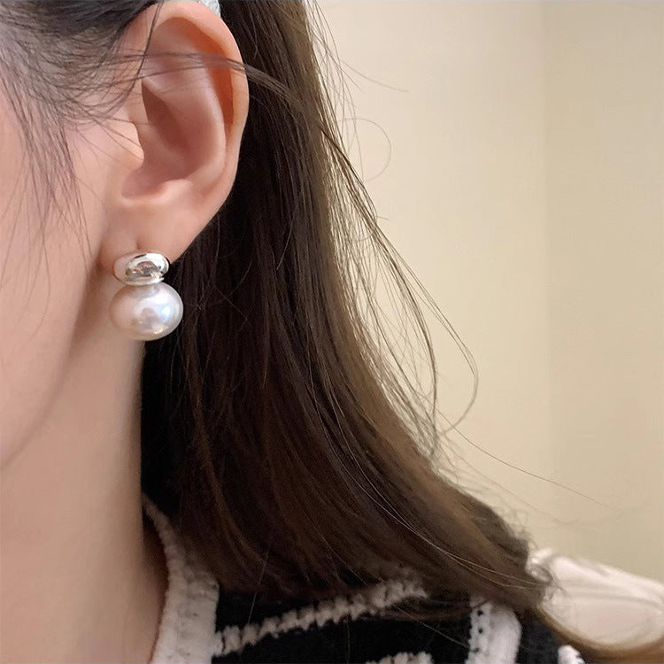 S925 Sterling Silver Oval Sliver Beads Artificial Pearl Earrings Women