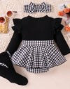 Sunken Stripe Long Sleeve Stitching Houndstooth Skirt One-piece Romper