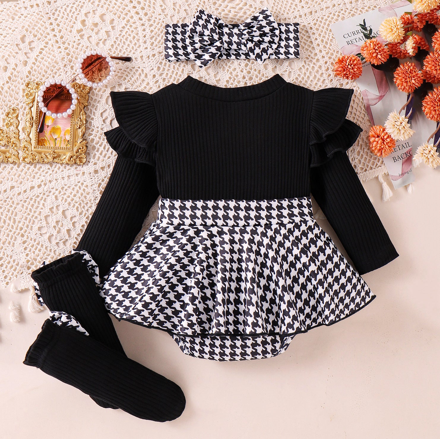 Sunken Stripe Long Sleeve Stitching Houndstooth Skirt One-piece Romper