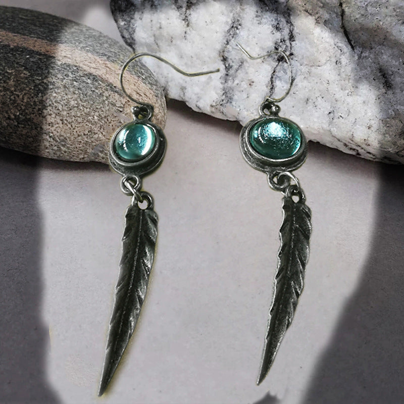 Fashion Simple Opal Feather Pendant Earrings