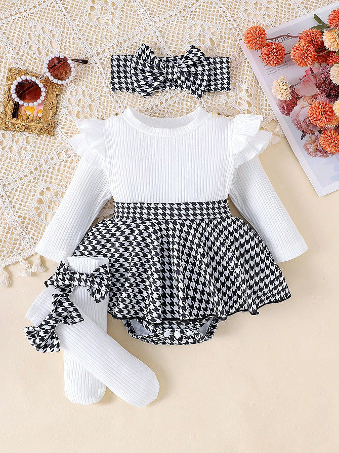 Sunken Stripe Long Sleeve Stitching Houndstooth Skirt One-piece Romper