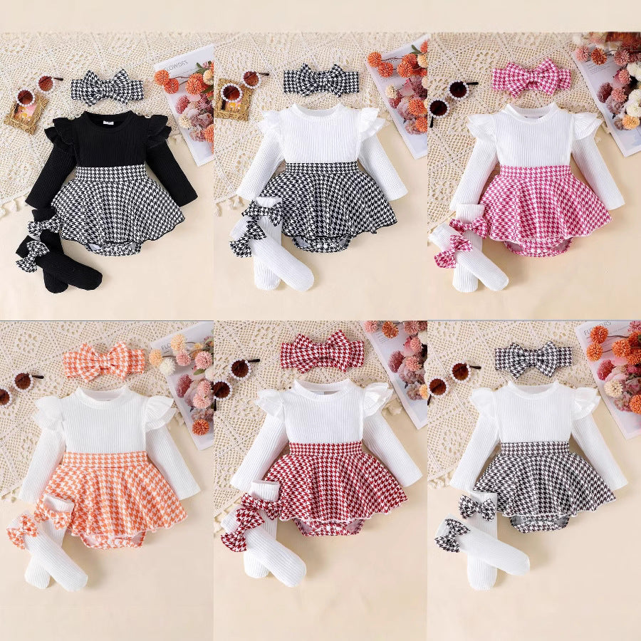 Sunken Stripe Long Sleeve Stitching Houndstooth Skirt One-piece Romper