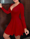 Solid Color And V-neck Long Sleeve Midi Skirt Temperament Commute