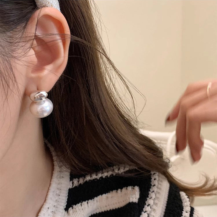 S925 Sterling Silver Oval Sliver Beads Artificial Pearl Earrings Women