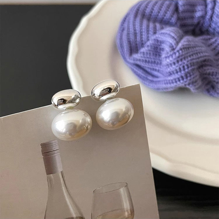 S925 Sterling Silver Oval Sliver Beads Artificial Pearl Earrings Women