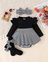 Sunken Stripe Long Sleeve Stitching Houndstooth Skirt One-piece Romper