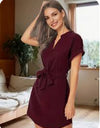 V-neck Short Sleeve Dress With Belt Summer Fashion Bowknot Dresses For Women Clothing