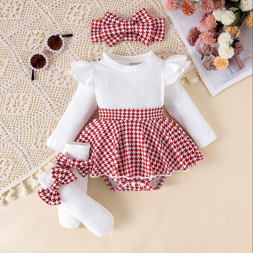Sunken Stripe Long Sleeve Stitching Houndstooth Skirt One-piece Romper