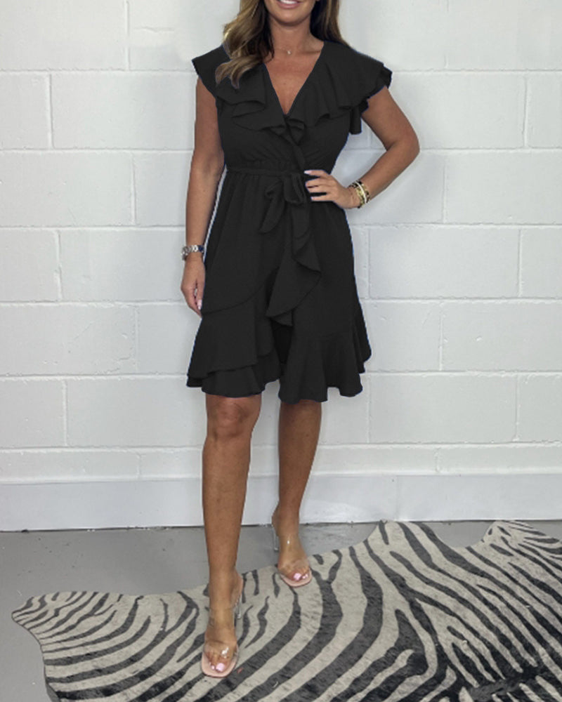 V-neck Waist-controlled Skirt Ruffled Solid Color Dress Women