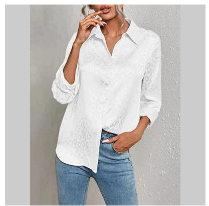 Lapel Button Leopard Jacquard Faux Silk Shirt