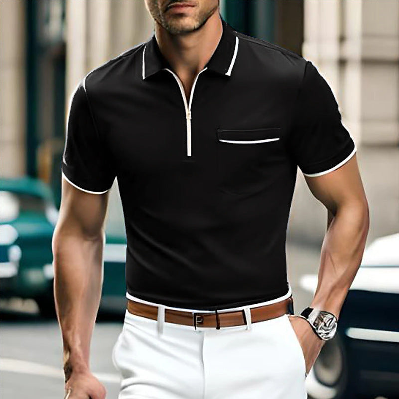 Summer New Men's Zipper Loose Casual Pocket Men's Sports Polo Shirt