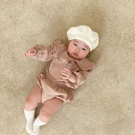 Baby Wrinkled Cotton Ruffle Collar Lapel Top Pants Set