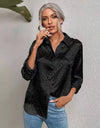 Lapel Button Leopard Jacquard Faux Silk Shirt