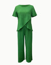 Women'S Elegant Solid Color Polyester 2pcs Set, Crew Neck Short Sleeve Top And Long Pants