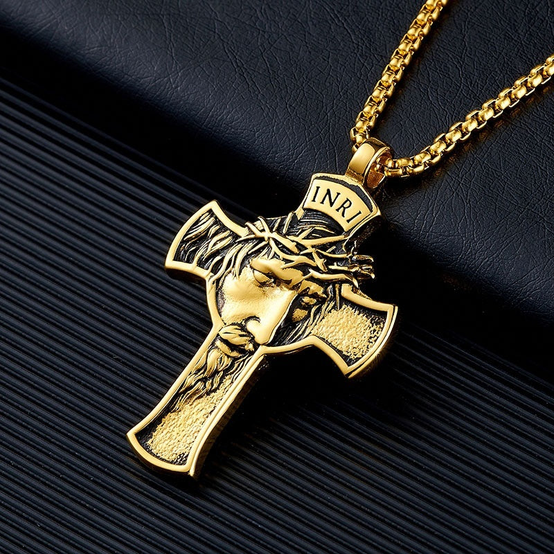 Stainless Steel Cross Shelf Head Pendant Necklace Personality Retro Men