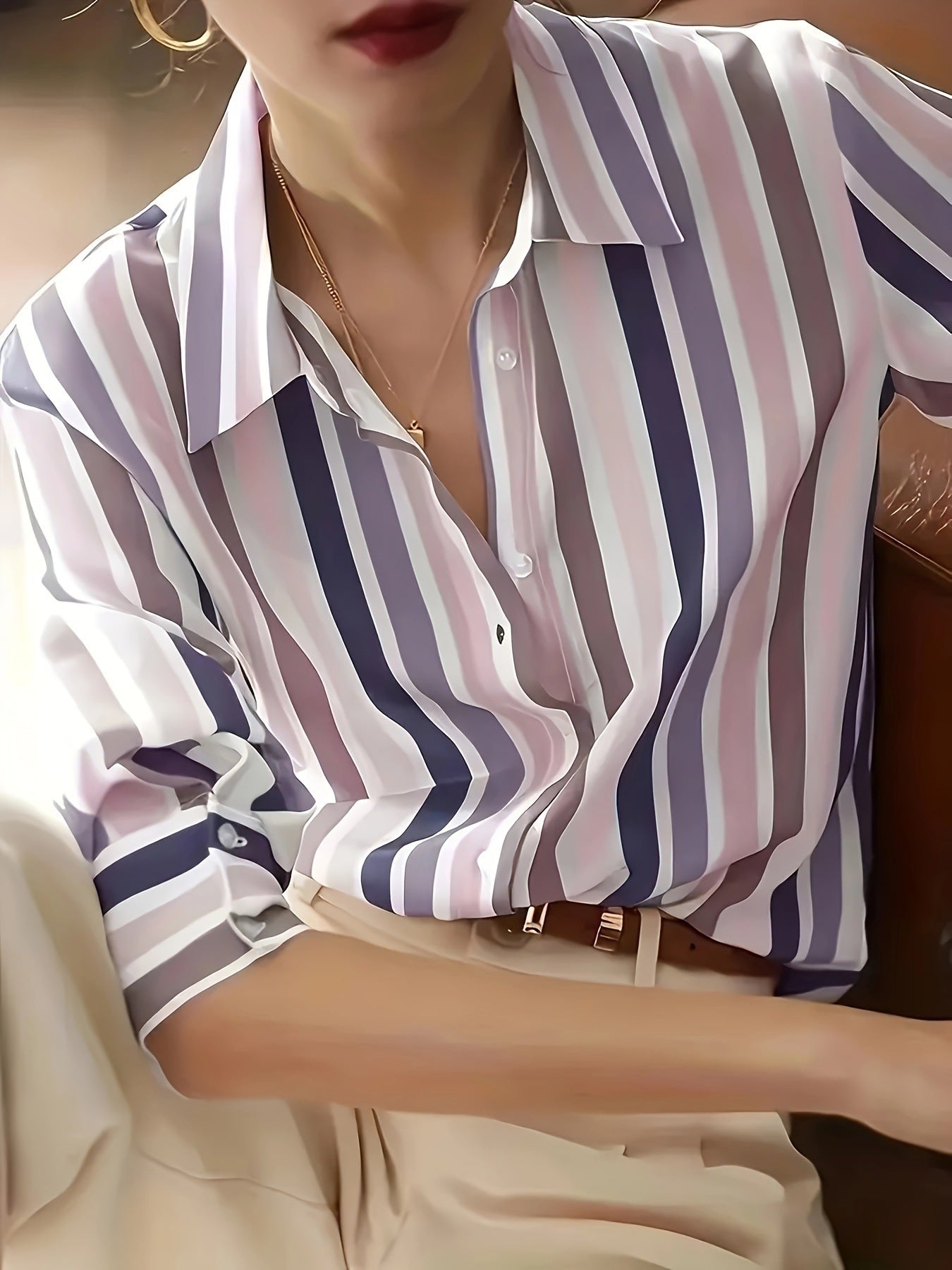 Color Blocking Temperament Striped Shirt For Women