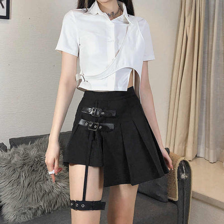 Dark Leg Ring Asymmetric High Waist Pleated Skirt Half-length Short