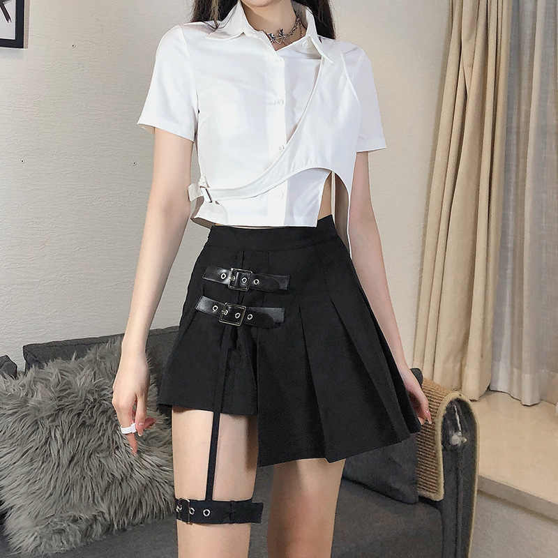 Dark Leg Ring Asymmetric High Waist Pleated Skirt Half-length Short