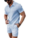 Leisure Breathable Beach Two Piece Suits Mens Summer Casual Short Sleeve Shirt And Shorts Men Outfits Vintage Textured Solid Set