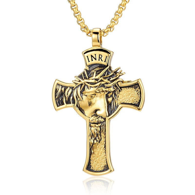 Stainless Steel Cross Shelf Head Pendant Necklace Personality Retro Men