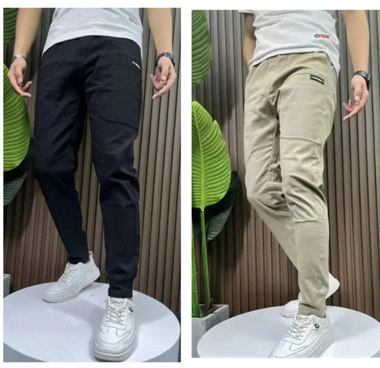 Men's Ice Silk Stitching Six-pocket Embroidery High Elastic Casual Pants