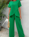 Women'S Elegant Solid Color Polyester 2pcs Set, Crew Neck Short Sleeve Top And Long Pants
