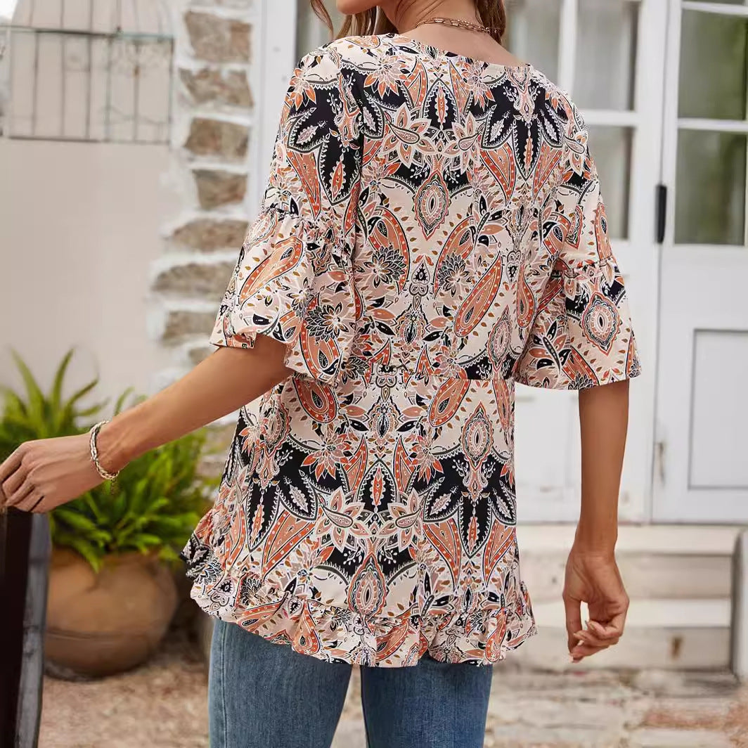 V-neck Printed T-shirt Casual Bell Sleeve Top