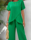 Women'S Elegant Solid Color Polyester 2pcs Set, Crew Neck Short Sleeve Top And Long Pants