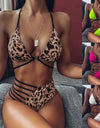 Two-piece Halter Neck Bikini Leopard Print Cutout Strap Swimsuit Set Summer Beach Womens Clothing