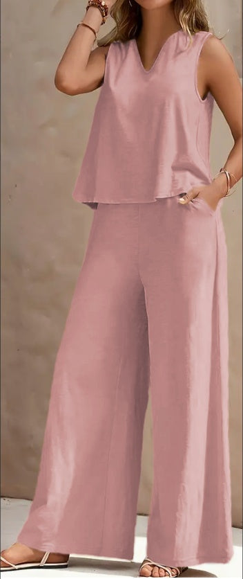 Vibrant Solid Color Casual Pants Set - V Neck Sleeveless Tank Top, Wide Leg Pants With Pocket, Polyester Fabric, Machine Washable - Perfect For Summer, All Season Wear
