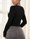 Women Plain Crew Neck Long Sleeve Ruched Fitted Slim Fit T-Shirt