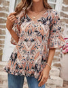 V-neck Printed T-shirt Casual Bell Sleeve Top