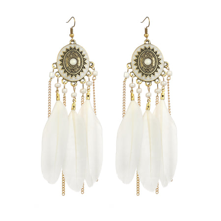 Vintage White Feather Tassel Earrings