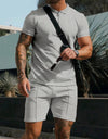 Men's Short Sleeve Shorts Casual Suit Summer Waffle Solid Color Casual Loose Lapels T-shirt Suit Men
