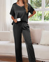 Women's Satin Silky Pajamas Short-sleeved Shirt Long Pajama Pants Suit